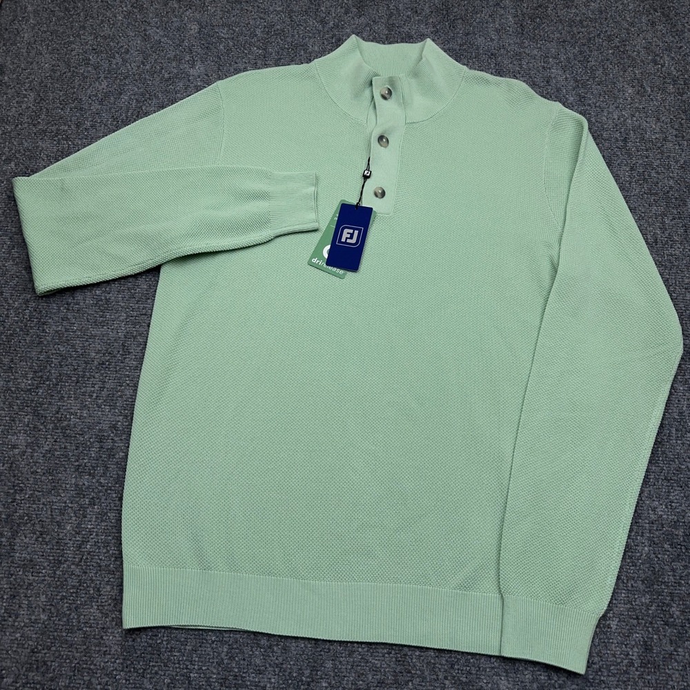 NEW FootJoy Seed Stitch Sweater Mens Small Pistachio Mock Neck Button Wool Blend